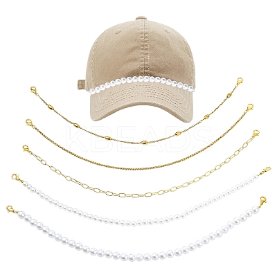 5Pcs Brass Paperclip Chains and Imitated Pearl Acrylic Beads Baseball Cap Chain HJEW-YW00097-1