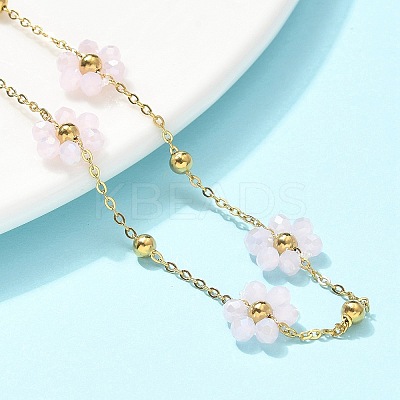 304 Stainless Steel & Synthetic Stone Daisy Flower Chain Anklets for Women AJEW-B031-01G-02-1