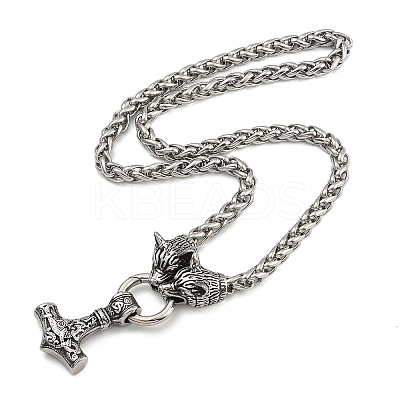 304 Stainless Steel Wolf Head King Wheat Chain Viking Mjolnir Thor Hammer Pendant Necklaces for Men NJEW-K278-05AS-1