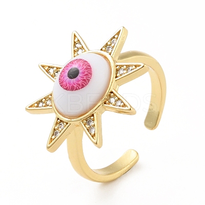 Cubic Zirconia Sun with Evil Eye Open Cuff Ring with Acrylic RJEW-B042-09G-03-1