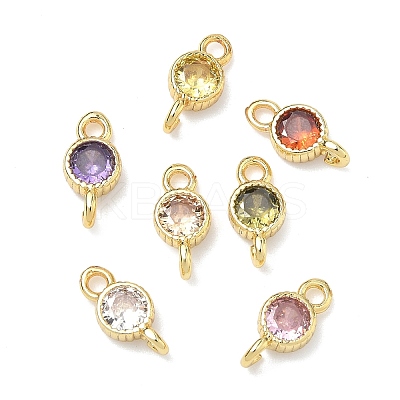 Brass Pave Cubic Zirconia Flat Round Connector Charms KK-P348-11G-1