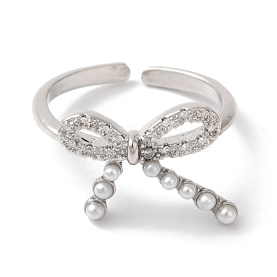 Bowknot Brass Micro Pave Clear Cubic Zirconia Open Cuff Rings for Women RJEW-C098-06P-1