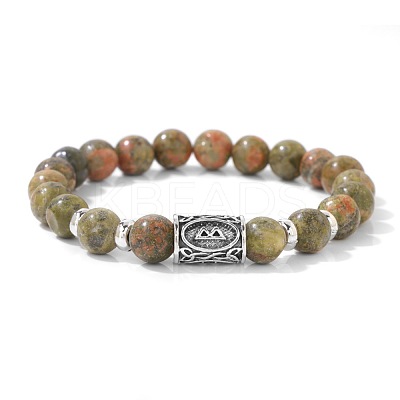 Alloy Nordic Viking Runes 8MM Natural Unakite Round Beaded Stretch Bracelets KW3210-16-1