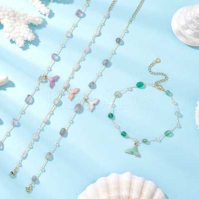 4Pcs 4 Styles Brass Handmade Natural Morganite & Amethyst & Labradorite & Green Onyx Agate(Dyed & Heated) Nuggets Link Chain Alloy Enamel Whale Tail Charm Anklets for Women AJEW-AN00709-1