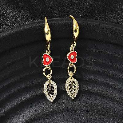 Leaf with Heart Brass Micro Pave Clear Cubic Zirconia Dangle Earrings EJEW-C155-01G-1