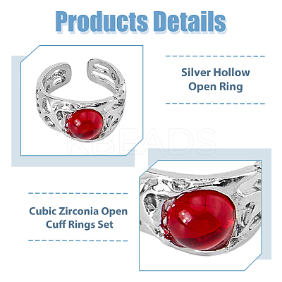 9Pcs 9 Style Cat Eye & Cubic Zirconia Open Cuff Rings Set RJEW-FI0001-12-1