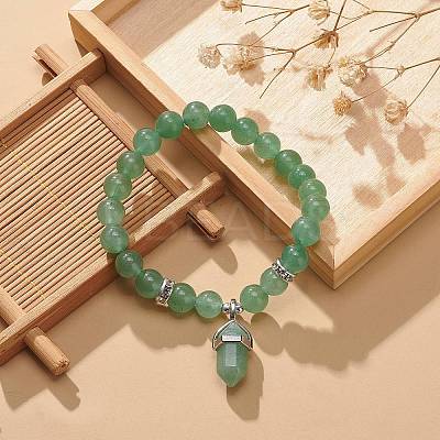Natural Green Aventurine Round Beaded Stretch Bracelet with Bullet Charms BJEW-JB09018-02-1