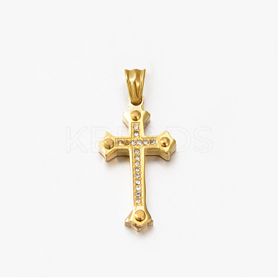 304 Stainless Steel Rhinestone Cross Pendants STAS-M185-41G-1