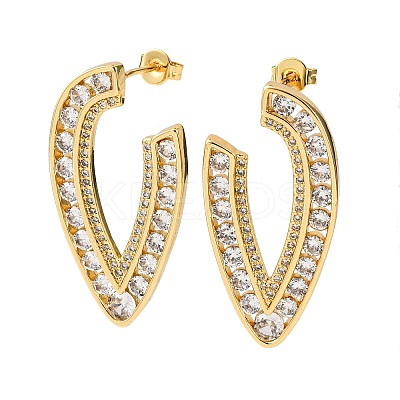 Brass Micro Pave Clear Cubic Zirconia V-Shaped Stud Earrings EJEW-D332-01G-1