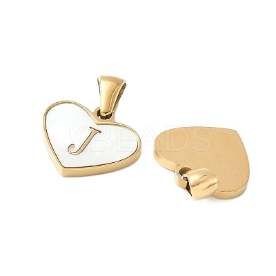 304 Stainless Steel Pave Natural White Shell Heart with Initial Slice Pendants STAS-R168-25G-J-1