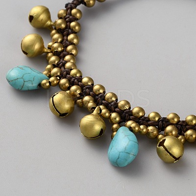 Bohemian Styles Brass Bell & Synthetic Turquoise Teardrop Tassel Anklets AJEW-WH0070-50B-1