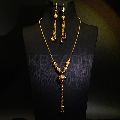 Alloy & Brass Round Beaded Tassel Pendant Necklaces & Hoop Earrings Sets FS-WGD59F5-02-1