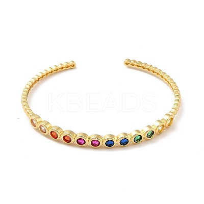 Colorful Cubic Zirconia Flat Round Open Cuff Bangle BJEW-M231-06G-1