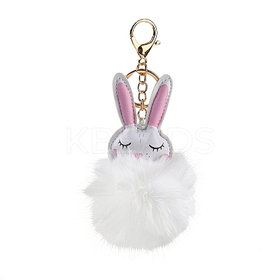 Cute Rabbit PU Leather & Imitate Rex Rabbit Fur Ball Keychain KEYC-C005-02B-1