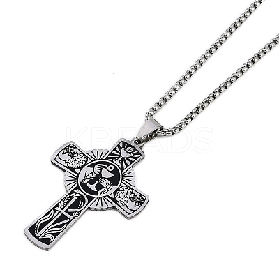 201 Stainless Steel Eucharist Holy Communion Cross Pendant Box Chain Necklaces NJEW-M010-04P-1