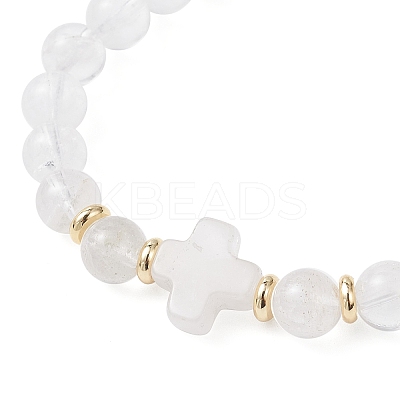 Natural Quartz Crystal Cross Round Beaded Stretch Bracelets for Men Women BJEW-JB12258-04-1