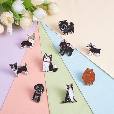 9Pcs 9 Style Poodle & Siberian & Schnauzer & Chihuahua & Border Enamel Pin with Brass Butterfly Clutches JEWB-SZ0001-77-1