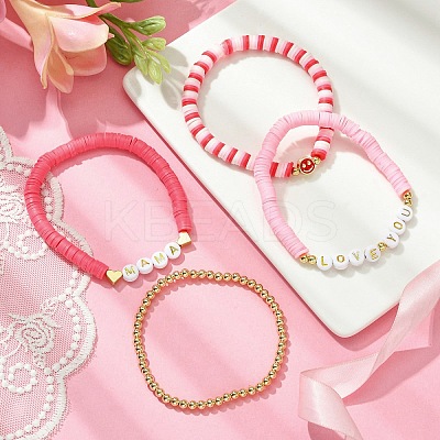 4Pcs 4 Style Mother's Day Theme Polymer Clay Heishi Surfer Stretch Bracelets Set BJEW-TA00360-1