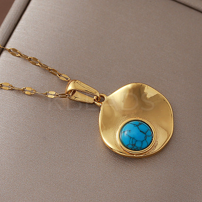 Vintage Style 304 Stainless Steel and Synthetic Turquoise Textured Disc Pendant Necklaces for Women JC9668-1