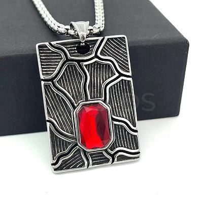 Vintage Style Stainless Steel Ruby Rhinestone Textured Rectangle Pendant Necklaces for Men NJ0918-1
