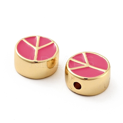 Flat Round with Peace Sign Brass Enamel Beads KK-G419-05G-1