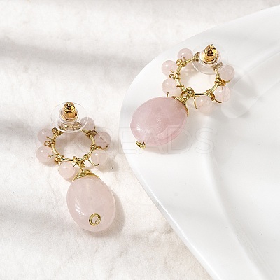 Natural Rose Quartz Dangle Stud Earrings EJEW-G454-01G-05-1