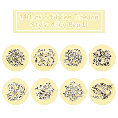 140Pcs 8 Styles Tibetan Style Alloy Beads TIBEB-FS0001-18-1