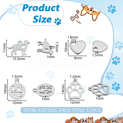 60Pcs 4 Styles Stainless Steel Charms STAS-GA0001-94-1