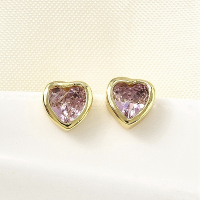 Brass Cubic Zirconia Heart Stud Earrings EJEW-L261-030G-1