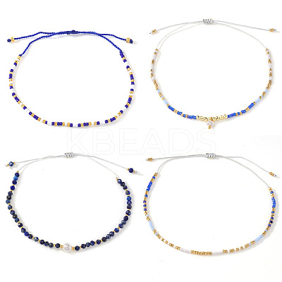 4Pcs Adjustable Glass Seed Bead & Natural Lapis Lazuli Braided Bead Bracelets for Women MX1312-1-1
