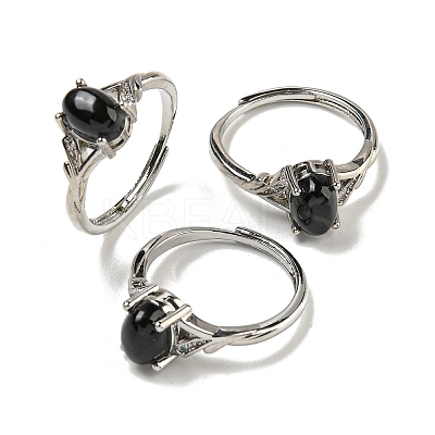 Oval Natural Dyed & Heated Black Agatee Adjustable Rings RJEW-Q818-01P-06A-1