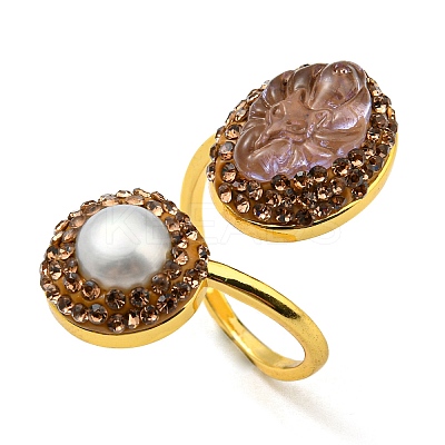 Natural Pearl & Glass Nine Tailed Fox Open Cuff Ring with Rhinestone RJEW-D005-06G-1