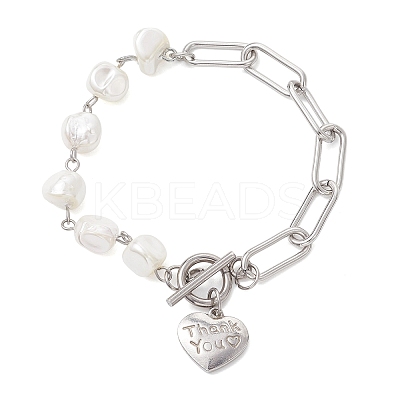 Electroplated Shell Pearl Beads & 304 Stainless Steel Paperclip Chains Beaded Bracelets for Women BJEW-JB12892-1