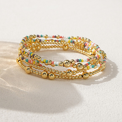 5Pcs 5 Styles Brass & Glass Beads Stretch Bracelets LM8545-1-1