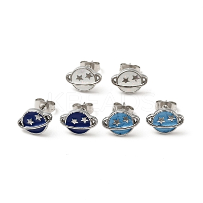 Enamel Planet with Star Stud Earrings with 316 Surgical Stainless Steel Pins EJEW-A081-06P-1