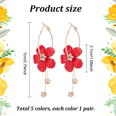 5 Pairs 5 Colors Acrylic Flower Dangle Hoop Earrings with Rhinestone Tassel EJEW-AN0003-70-1