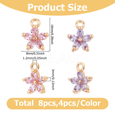 8Pcs 2 Colors Brass Cubic Zirconia Flower Charms KK-HS0015-16-1