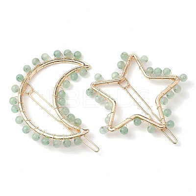 2Pcs Moon & Star Alloy with Natural Green Aventurine Hollow Hair Barrettes PHAR-JH00105-05-1