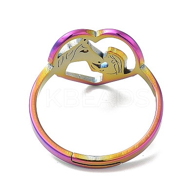 Ion Plating(IP) 304 Stainless Steel Heart with Horse Adjustable Ring for Women RJEW-M149-20RC-1