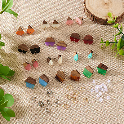 DIY 12 Pairs 12 Style Two Tone Resin & Walnut Wood Stud Earring Findings DIY-CW0001-35-1