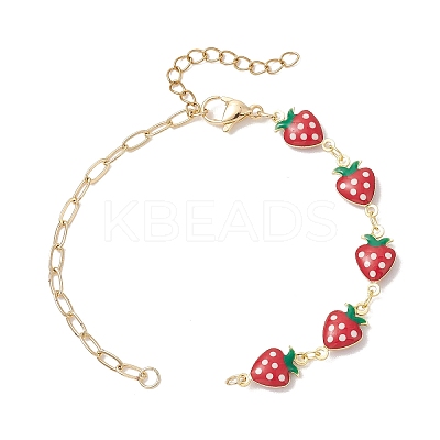 Brass Enamel Red Strawberry Link Mixed Chain Bracelet Making AJEW-JB01551-1