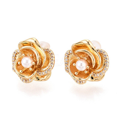 Brass Pave Clear Cubic Zirconia Flower Stud Earrings KK-T077-24G-1