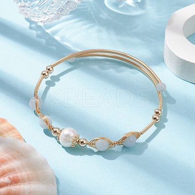 Natural Aquamarine Round Beaded Cuff Bangle BJEW-JB10113-04-1