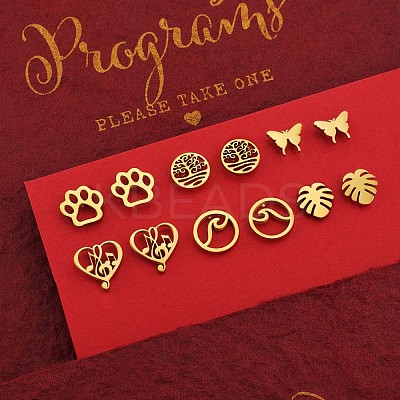 6 Pairs 6 Style Butterfly & Leaf & Tree of Life & Cat Claw Print & Music Note & Wave 316 Surgical Stainless Steel Stud Earrings for Women JE932A-1