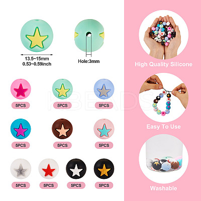 50Pcs 10 Colors Round with Star Food Grade Eco-Friendly Silicone Beads SIL-TA0001-47-1