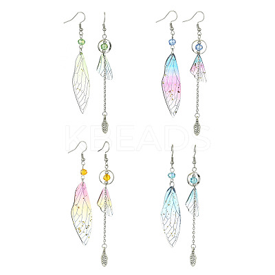 4 Set 4 Color Resin Wing with Feather Asymmetrical Earrings EJEW-TA00175-1
