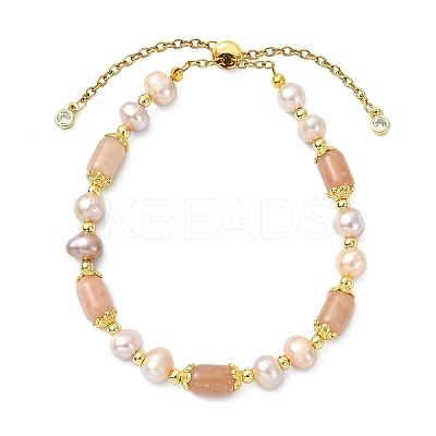 Adjustable Natural Sunstone & Cultured Freshwater Pearls Beads Slider Bracelets for Women BJEW-JB14030-02-1