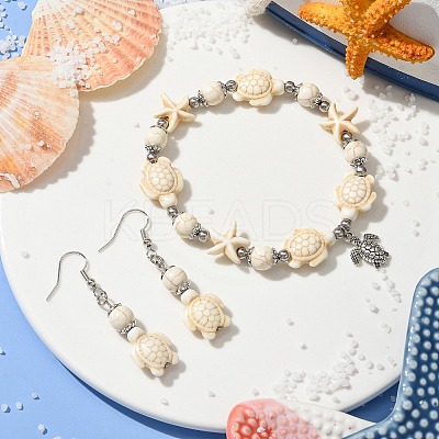 Starfish & Tortoise Synthetic Turquoise Beaded Stretch Bracelets & Dangle Earrings Kits SJEW-JS01311-01-1