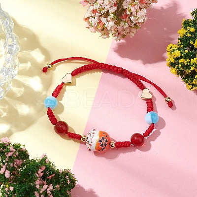 Fortune Cat Handmade Porcelain & Natural Carnelian & Acrylic Braided Bead Bracelets BJEW-JB10504-1