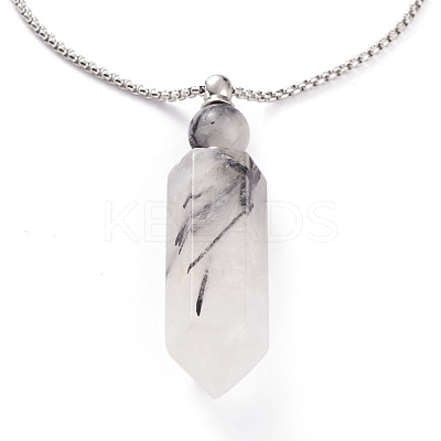 Natural Tourmalinated Quartz/Black Rutilated Quartz Openable Perfume Bottle Pendant Necklaces NJEW-H216-06P-1